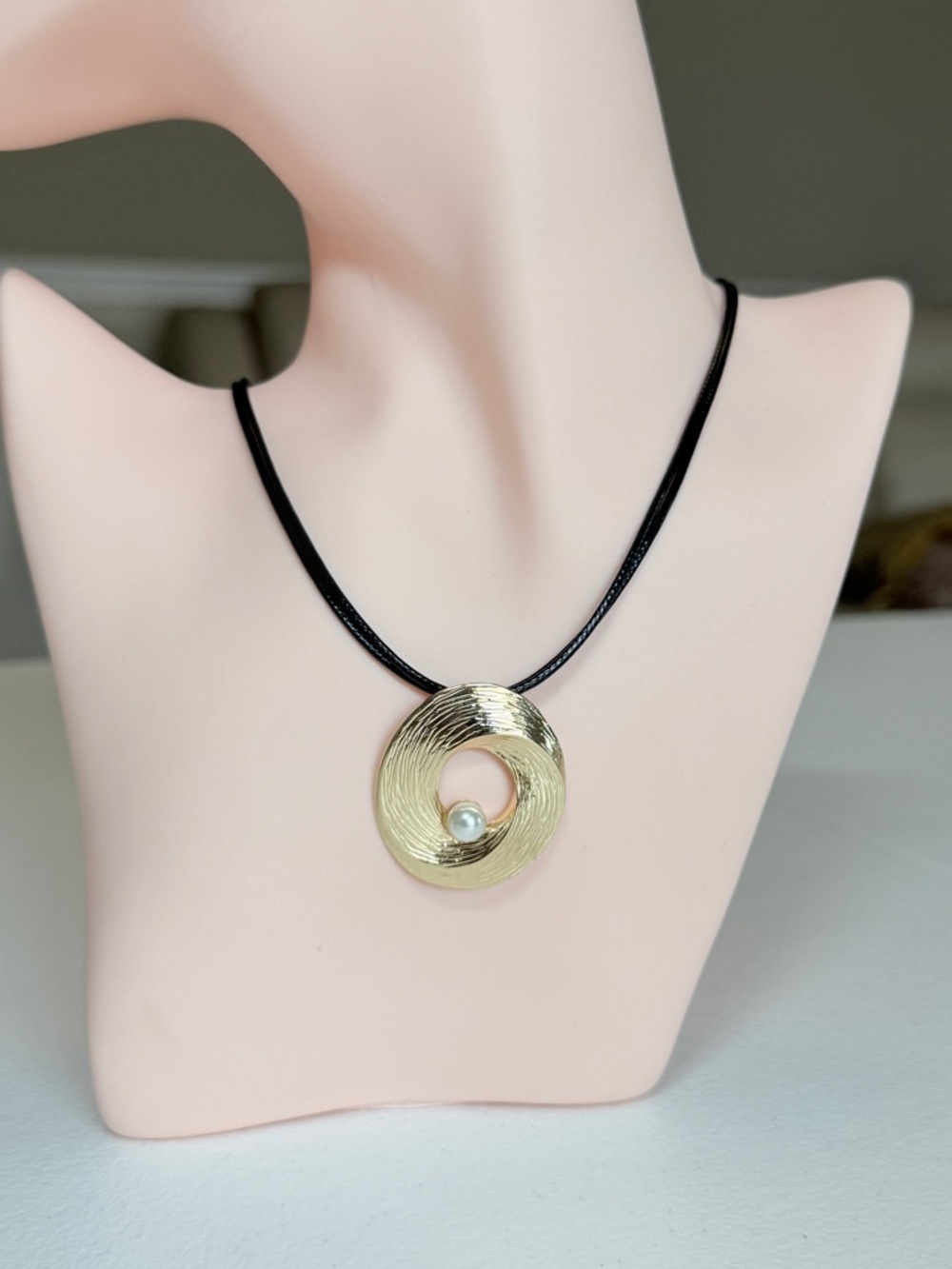 Gold Disc Necklace with Pearl Accent